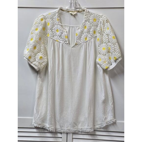 Umgee Linen Blend Eyelet Lace Top Blouse White Balloon Sleeves Peasant Boho Larg - Picture 1 of 6